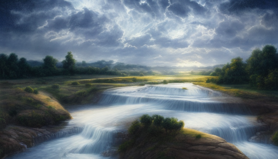 full frame painting of a river, white rocks, few trees, wheat fields in the background, midnight hour, pastel colors, volumetric lighting, rays of light, 8k, High Resolution, Hyper Detailed, Intricate Artwork, Ultra Detailed, Digital Painting, Oil on Canvas, Poster, Wallpaper, Thunder Clouds
