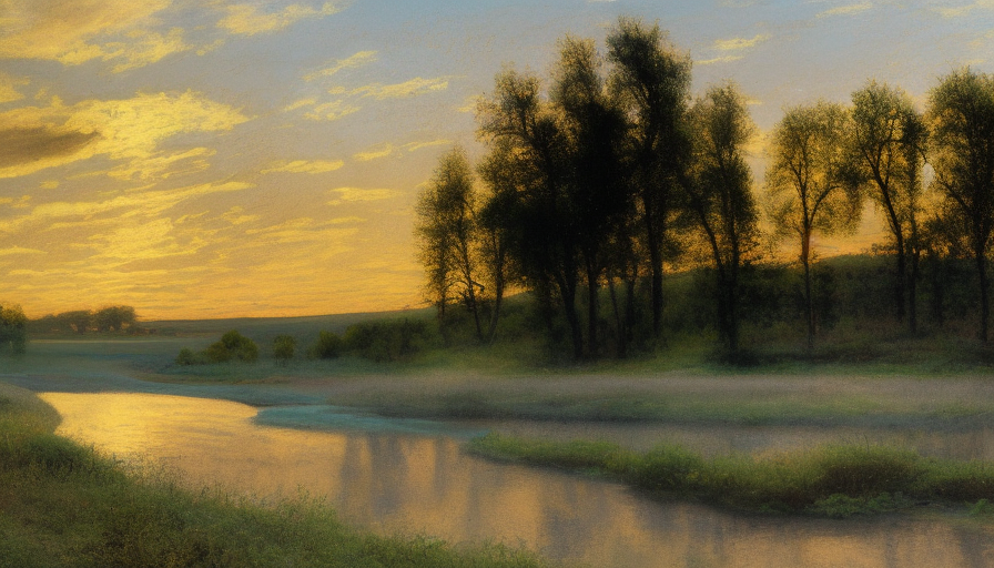 full frame painting of a river, ground level photo, (((white rocks))), few trees, wheat fields in the background, midnight hour, pastel colors, volumetric lighting, rays of light, 8k, High Resolution, Hyper Detailed, Intricate Artwork, Ultra Detailed, Digital Painting, Oil on Canvas, Poster, Wallpaper by Harriet Backer