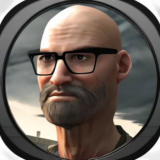 "escape from tarkov" style avatar bald with glasses, Highly Detailed, Dark
