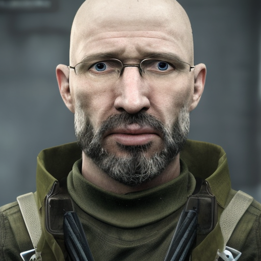 matte portrait of Prapor trader from "Escape From Tarkov", bald, without a mustache and with glasses, High Definition, High Resolution, Highly Detailed, Intricate, Half Body, Realistic, Elegant, Apocalyptic