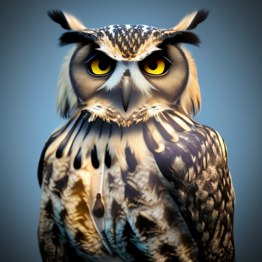 Digital painting of an eagle owl with metal beak, Highly Detailed, Digital Painting, Octane Render, Unreal Engine, Volumetric Lighting, Fantasy