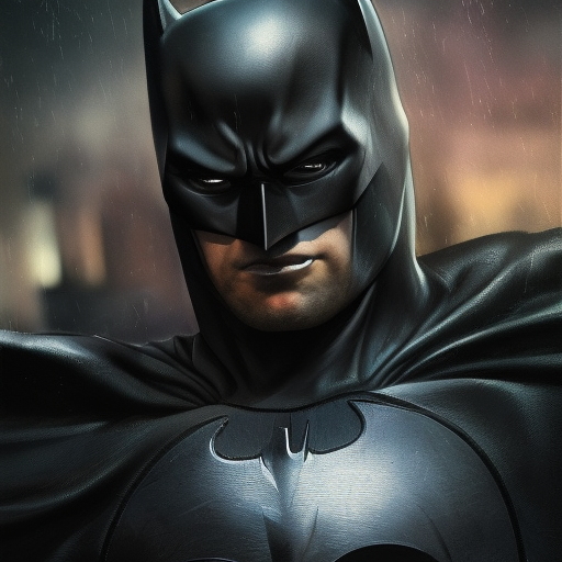 Portrait painting of batman with black leather armor, eerie, City Scape, Night time, 8k, Highly Detailed, Intricate Details, Full Body, Photo Realistic, Octane Render, Unreal Engine, Concept Art by Stanley Artgerm Lau
