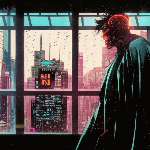 A neon-lit city skyline seen through a rainy window, Batman brooding in the foreground, Sci-fi noir style, shadows, grit, Sci-Fi, Moody Lighting, Fantasy by Geof Darrow, Frank Miller, Katsuhiro Otomo, Osamu Tezuka
