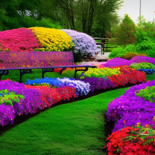 Create a photo of a colorful flower garden with a bench and a path winding through it., Volumetric Lighting, Vibrant Colors