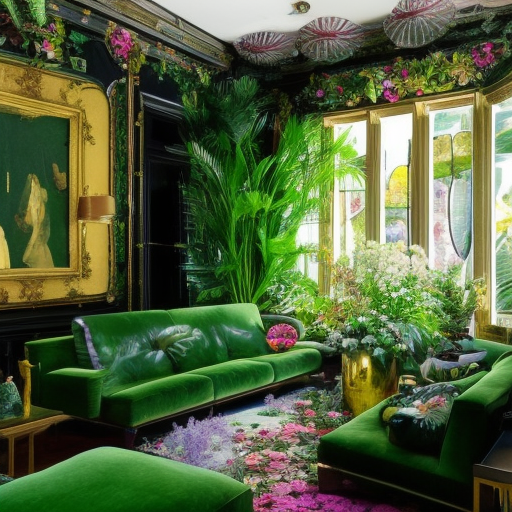 Architectural Digest photo of a maximalist green, living room with lots of flowers and plants, golden light, hyperrealistic surrealism, award winning masterpiece with incredible details, Award-Winning, Epic, Solarpunk, Steampunk, Stunning, Vaporwave