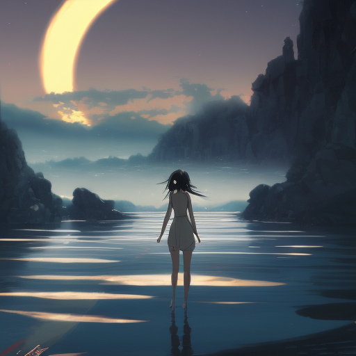 Anime girl walking on water, ripples, backdrop of dawn, saturn in the background, Pixiv, Illustration, Concept Art, Anime by Greg Rutkowski, Makoto Shinkai, WLOP, Studio Ghibli