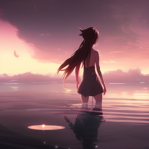 Anime girl walking on water, ripples, backdrop of dawn, saturn in the background, Pixiv, Illustration, Concept Art, Anime by Greg Rutkowski, WLOP, Studio Ghibli