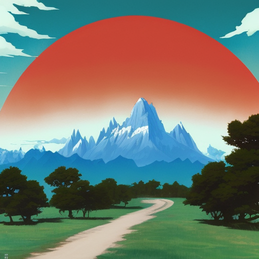 painting of evening sky, low thunder clouds foothpath with trees at indian summer with zugspitze fitz roy in background, colours green, red, blue black and white, acuarela, Pixiv, Illustration, Concept Art, Anime by RHADS, Greg Rutkowski, WLOP, Studio Ghibli