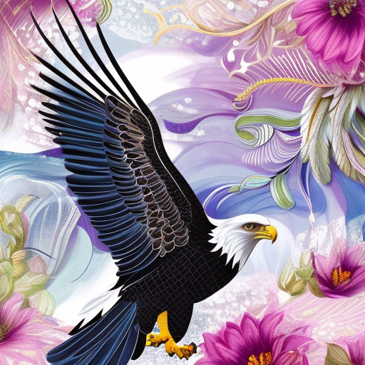 Overwhelmingly beautiful eagle framed with vector flowers, long shiny wavy flowing hair, polished, ultra detailed vector floral illustration mixed with hyper realism, muted pastel colors, vector floral details in background, muted colors, ultra intricate overwhelming realism in detailed complex scene , Atmospheric, Hyper Detailed, Intricate Details, Magical, Fantasy