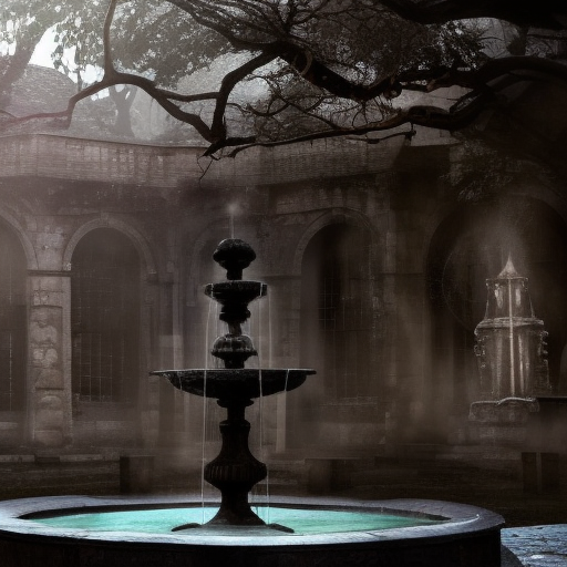 An arcane academy with a fountain in front, dark ages, Dystopian, Gothic and Fantasy, Dark