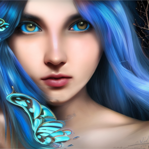 beauty, realism, 4k, Hyper Detailed, Ultra Detailed, Alluring, Magical, Beautiful, Unimaginable Beauty, Blue Hair, Soft Details, Wings, Matte Painting, Spring, RPG, Bokeh effect, Photo Realistic, Realistic, Smooth, Physically Based Render, Aestheticism, Naive, Digital Art, Realism, Ecstatic, Expressive, Peaceful, Romantic, Soft, Symmetrical by Arthur Adams, Alex Alemany