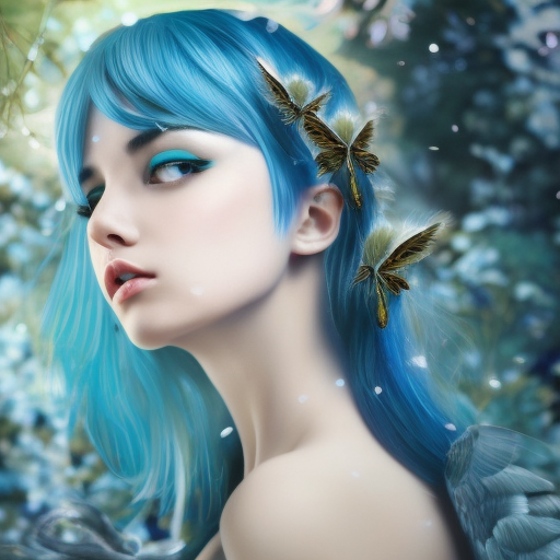 beauty, realism, 4k, Hyper Detailed, Ultra Detailed, Alluring, Magical, Beautiful, Unimaginable Beauty, Blue Hair, Soft Details, Wings, Matte Painting, Spring, RPG, Bokeh effect, Photo Realistic, Realistic, Smooth, Physically Based Render, Aestheticism, Naive, Digital Art, Realism, Ecstatic, Expressive, Peaceful, Romantic, Soft, Symmetrical by Arthur Adams, Alex Alemany
