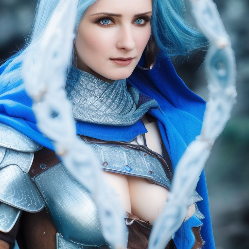 Alluring highly detailed matte close-up portrait of beautiful elf shani from witcher 3 wearing chainmail bikini and a blue cloak, 8k, High Definition, Highly Detailed, Intricate, Full Body, Realistic, Sharp Focus, Fantasy, Elegant