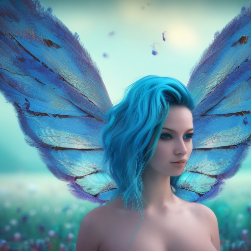beauty, realism, 4k, Hyper Detailed, Ultra Detailed, Alluring, Magical, Beautiful, Unimaginable Beauty, Blue Hair, Soft Details, Wings, Matte Painting, Spring, RPG, Bokeh effect, Photo Realistic, Realistic, Smooth, Physically Based Render, Aestheticism, Naive, Digital Art, Realism, Ecstatic, Expressive, Peaceful, Romantic, Soft, Symmetrical by Stanley Artgerm Lau