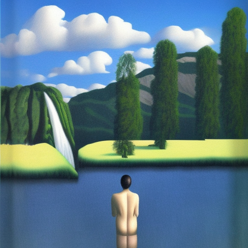 A writer writes in a lake, with a waterfall in the background. Magritte style painting, Matte Painting
