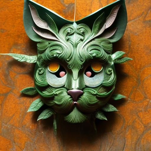 beautiful colourful incredibly ornate decorative green mask as a cat face 3 d sculplture by walter crane and william morris, closeup, twisting leaves, tiny fine flowing lines, abstract psychedelic, black cat, 8k, Highly Detailed, Artstation, Closeup of Face