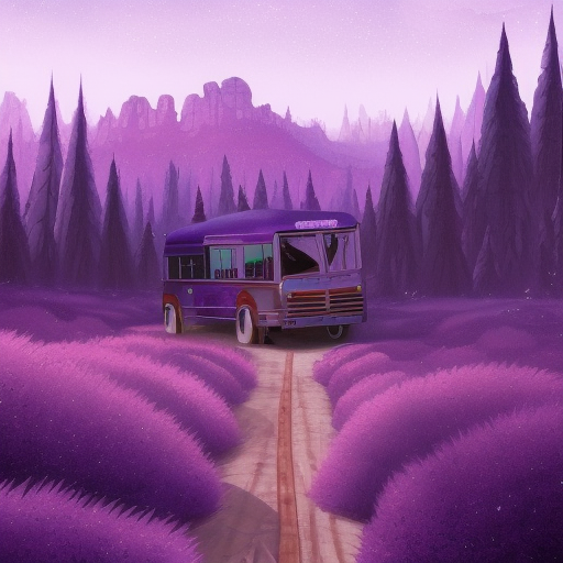an alien landscape with a beautiful silver purple field wide angled with an old wooden fence in the front, blue mountains and pinetrees in the far back and a little old deserted schoolbus on the hillside silver daylight flowers otherworldly purple sky with a tiny far away moon by rossdraws, Highly Detailed, Artstation, Oil on Canvas by Lois van Baarle