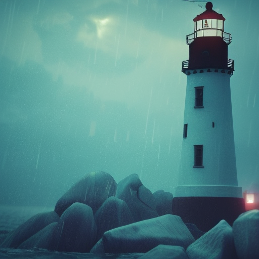 photo of ultra realistic lighthouse on island, heavy rain, night, light shining, heavy seas, full of colour, battered, focused, extreme details, 4k, Masterpiece, Trending on Artstation, Cinematic Lighting, Photo Realistic, Unreal Engine by Studio Ghibli