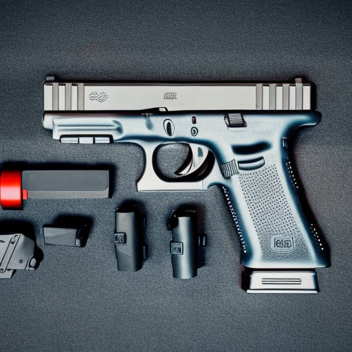 Glock firearm, Costumes and props, Knolling, Knolling layout, Deconstruction, Depth, Many parts, Lumen render, 8k, Highly Detailed