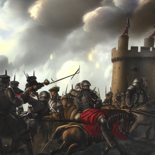  a group of soldiers or knights defending a castle or a city, with their weapons raised and ready to fight. In the background, there could be dark clouds gathering, signifying the impending danger. The enchantment itself could be depicted as a glowing aura around the defenders, symbolizing their determination and strength in the face of adversity. Alternatively, the image could show a divine figure or angelic being overseeing the battlefield, wielding the power of Karmic Retribution to punish those who would do harm to the innocent., Atmospheric