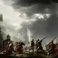  a group of soldiers or knights defending a castle or a city, with their weapons raised and ready to fight. In the background, there could be dark clouds gathering, signifying the impending danger. The enchantment itself could be depicted as a glowing aura around the defenders, symbolizing their determination and strength in the face of adversity. Alternatively, the image could show a divine figure or angelic being overseeing the battlefield, wielding the power of Karmic Retribution to punish those who would do harm to the innocent., Atmospheric by Mattias Adolfsson