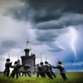  a group of soldiers or knights defending a castle or a city, with their weapons raised and ready to fight. In the background, there could be dark clouds gathering, signifying the impending danger. The enchantment itself could be depicted as a glowing aura around the defenders, symbolizing their determination and strength in the face of adversity. Alternatively, the image could show a divine figure or angelic being overseeing the battlefield, wielding the power of Karmic Retribution to punish those who would do harm to the innocent., Atmospheric by Mattias Adolfsson