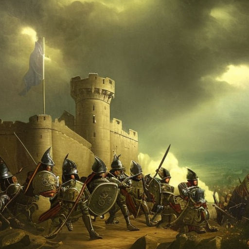  a group of soldiers or knights defending a castle or a city, with their weapons raised and ready to fight. In the background, there could be dark clouds gathering, signifying the impending danger. The enchantment itself could be depicted as a glowing aura around the defenders, symbolizing their determination and strength in the face of adversity. Alternatively, the image could show a divine figure or angelic being overseeing the battlefield, wielding the power of Karmic Retribution to punish those who would do harm to the innocent., Watercolor by Mattias Adolfsson