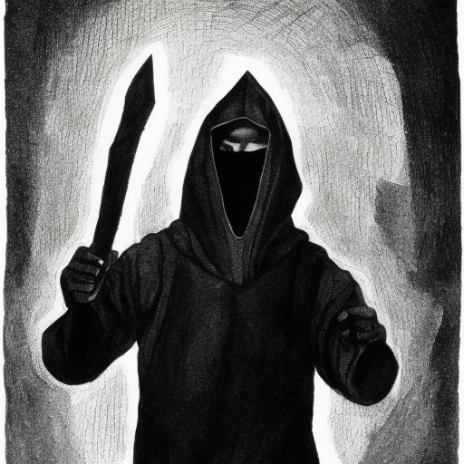 a humanoid figure clad in dark clothing, with a hood or mask obscuring their features. The figure might be crouched or in motion, suggesting that they are either sneaking up on a target or have just emerged from hiding to strike. In one hand, the figure might be holding a weapon such as a dagger or blade, while the other hand might be raised in a menacing gesture or held out to steady themselves. The overall tone of the image would likely be one of stealth, danger, and the threat of sudden violence, reflecting the card's emphasis on assassination and subterfuge., Watercolor by Mattias Adolfsson
