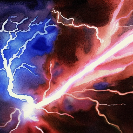 a bolt of lightning, crackling with energy and surrounded by swirling red and blue flames. The lightning bolt might be shown striking a target, such as a creature or player, with the force of the impact causing the ground to shake and debris to fly. In the background, there might be additional flashes of lightning or other signs of electrical activit, Watercolor by Mattias Adolfsson