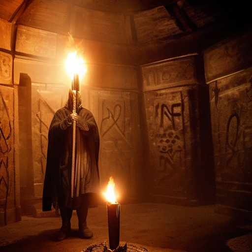 a dark, foreboding ritual chamber, lit only by flickering torches and glowing runes etched into the walls. In the center of the room, we see a figure, perhaps a powerful mage or cleric, holding aloft a sinister-looking scroll. Around them, we see several other figures, each holding a small vial filled with a dark, viscous liquid, Watercolor by Mattias Adolfsson