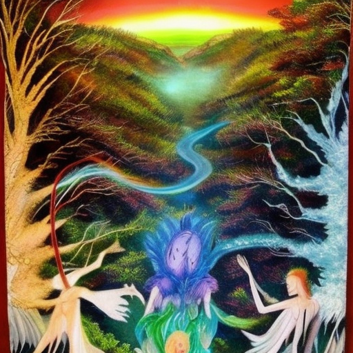a stunning landscape, with a vibrant sunset in the background and a lush forest in the foreground with a vortex of elemental energy. Around the vortex, we see a variety of creatures, each representing one of the colors of mana. There is a white angel, a blue merfolk, a black vampire, a red dragon, and a green treefolk. Each creature is gazing up at the vortex, Watercolor by Mattias Adolfsson