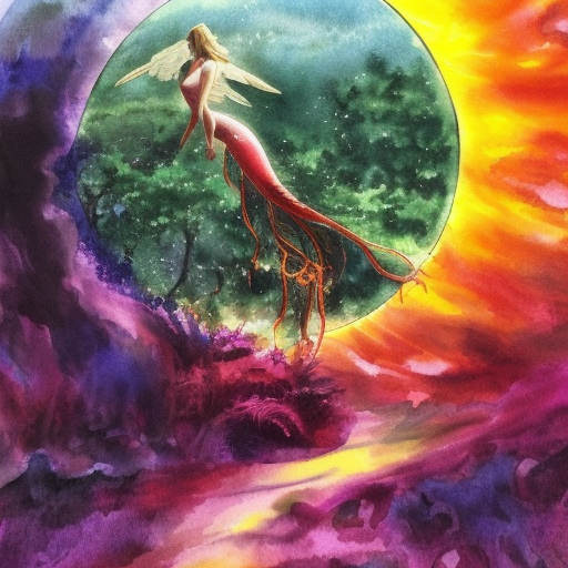 a stunning landscape, with a vibrant sunset in the background and a lush forest in the foreground with a vortex of elemental energy. Around the vortex, we see a variety of creatures: there is a white angel, a blue merfolk, a black vampire, a red dragon, and a green treefolk. Each creature is gazing up at the vortex, Watercolor by Mattias Adolfsson