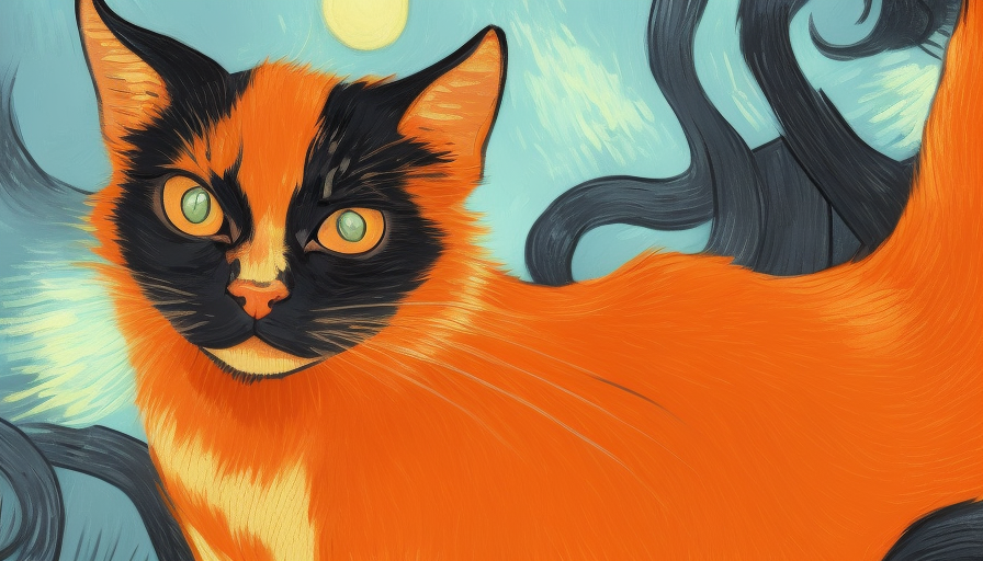 orange white and black cat, 8k, HDR by Lois van Baarle, Vincent van Gogh