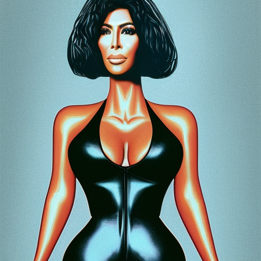 kim kardashian, perfect hourglass body, pretty face, wearing full bodysuit, portra 400 medium format, plain background, futurstic concept art 1980 neon, Photo Realistic