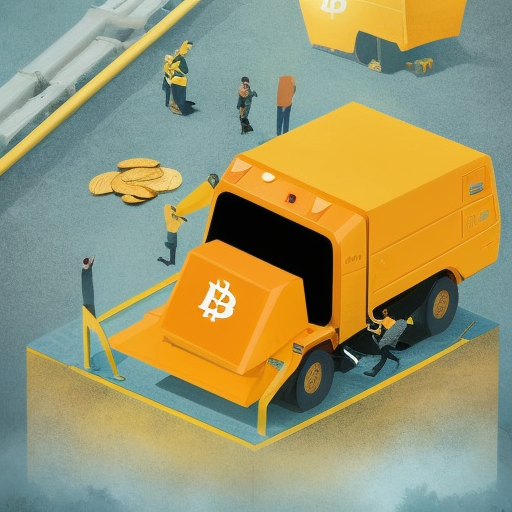 A gold mine where they are extracting bitcoin coins in dump trucks., 4k, Ultra Detailed, Propaganda Poster, Photo Realistic, Bright by Clemens Ascher