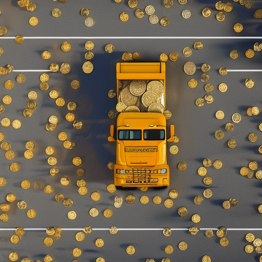 Aerial view of a golden dump truck with a truckbed of bitcoin coins in the back.  The truck is driving on a road., 4k, Hyper Detailed, Photo Realistic, Bright by Clemens Ascher