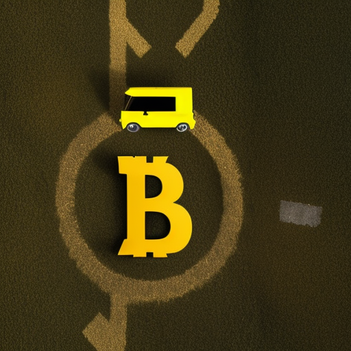 Aerial view of a golden dump truck with a truckbed of bitcoin coins in the back.  The truck is driving on a road.  The B symbol on the coins is very visible., 4k, Hyper Detailed, Photo Realistic, Bright by Clemens Ascher