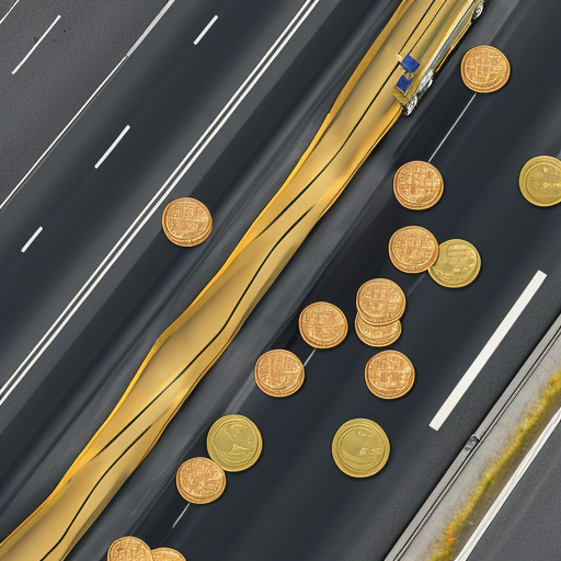 Aerial view of a dump truck with a truckbed full of bitcoin coins in the back.  The truck is driving on a road.  The B symbol on the coins is very visible.  The truck is by itself., 4k, Hyper Detailed, Photo Realistic, Bright by Clemens Ascher