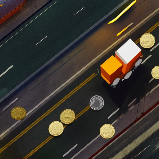 Aerial view of a dump truck with a truckbed full of bitcoin coins in the back.  The truck is driving on a road.  The B symbol on the coins is very visible.  The truck is by itself., 4k, Hyper Detailed, Photo Realistic, Bright by Miles Aldridge