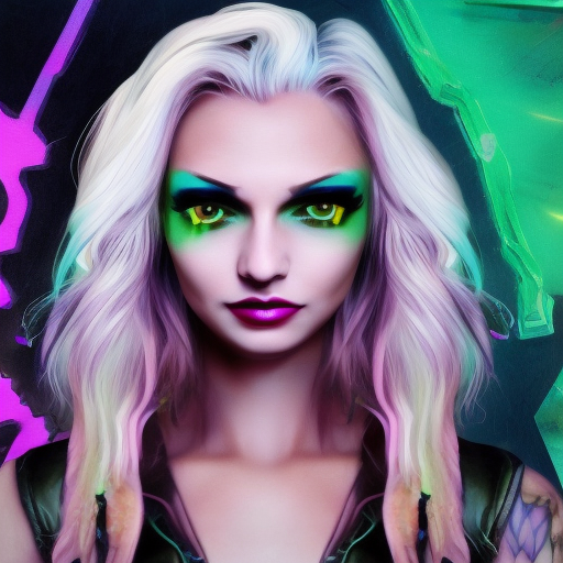 mujer, , 4k, 4k resolution, 8k, Crystallized, Diorama, Cyberdelic, Cyberpunk, Blonde Hair, Full Lips, Green Hair, Large Eyes, Purple Hair, Slim Face, Tattoos, Wings, Digital Painting, Illustration, Spring, Sunny Day, Alien, Altered Carbon, Interstellar, RPG, Stranger Things, League of Legends, Symmetrical by Pablo Picasso