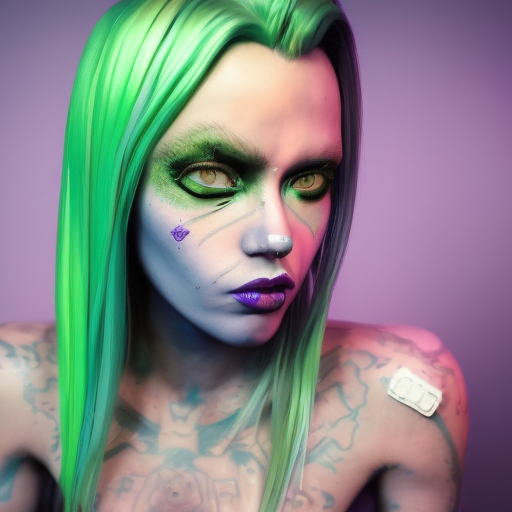mujer, , 4k, 8k, Crystallized, Nvidia RTX, Diorama, Cyberdelic, Cyberpunk, Blonde Hair, Full Lips, Green Hair, Large Eyes, Purple Hair, Slim Face, Tattoos, Wings, Digital Painting, Illustration, Spring, Sunny Day, Alien, Altered Carbon, Interstellar, RPG, Stranger Things, Cinematic Lighting, HDR Render, Art Deco, Light, Mild, Peaceful, Quiet, League of Legends, Symmetrical by Pablo Picasso, Norman Ackroyd