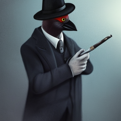 a detective crow wearing an elegant suit, with a hat, smoking a pipe, searching for clues in a dark place, 4k, High Definition, Hyper Detailed, Intricate, Masterpiece, Artstation, Cgsociety, Epic