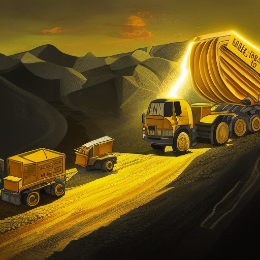 A gold mine where dump trucks are leaving the mine loaded with Bitcoins., 4k, Ultra Detailed, Propaganda Poster, Photo Realistic, Bright by Clemens Ascher