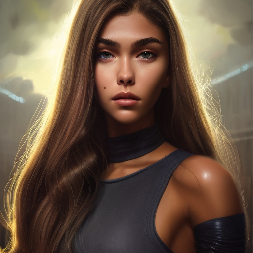 Alluring matte portrait of a beautiful Madison Beer from Fantastic Four in the style of Stefan Kostic, 8k, Highly Detailed, Intricate, Half Body, Realistic, Sharp Focus, Volumetric Lighting, Fantasy, Elegant by Stanley Artgerm Lau, Greg Rutkowski