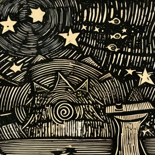 Old Lithuanian cit, woodcut style, deep night with stars in the sky, Woodblock
