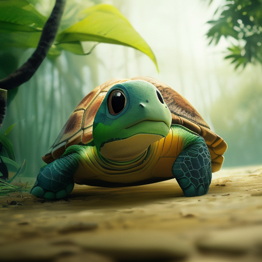 cute adorable little turtle  greating me with yellow cloth lying on the river, unreal engine 5, cozy jungle amazonas lighting, art station, detailed digital painting, cinematic, character design by pixar , Cinematic Lighting, Photo Realistic, Octane Render, Unreal Engine by Hayao Miyazaki, Mark Ryden