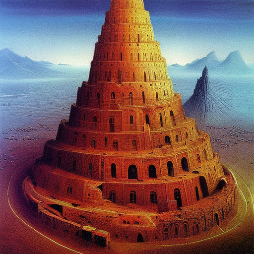 The Tower of Babel, 8k, Highly Detailed, Vibrant Colors by Zdzislaw Beksinski, Ernst Fuchs