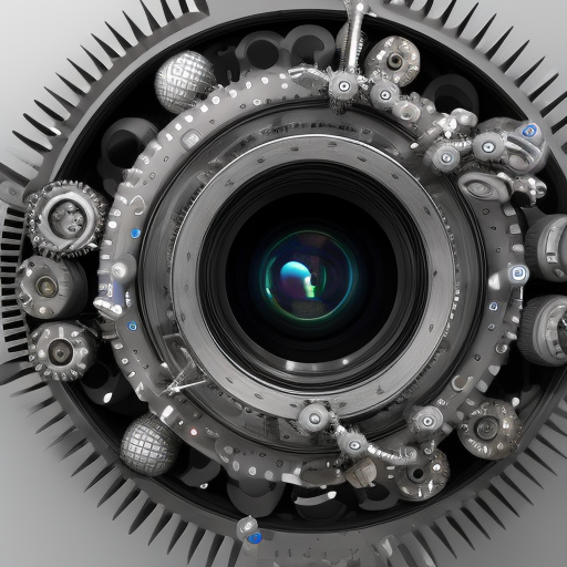 C4D render of a monster made out of camera lenses. Lots of mechanical parts. Aperture eyes. Gears, Highly Detailed, Intricate