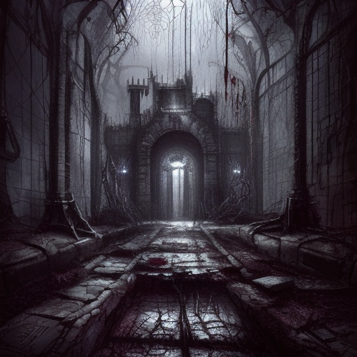 Hyper Detailed illustration of an eerie dark dystopian dungeon texture architecture with blood walls and cobwebs, 8k, Gothic and Fantasy, Horror, Epic, Sharp Focus, Deviantart, Beautifully Lit