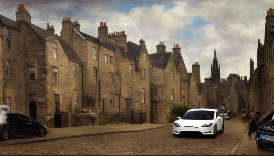 a street in edinburgh with a tesla car, High Resolution, Hyper Detailed, Sharp Focus, Peaceful, Hyper Realistic by Edwin Austin Abbey